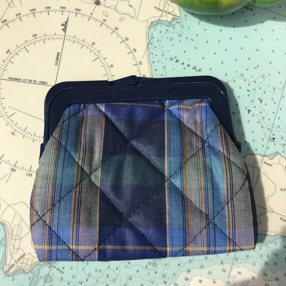 Vintage Blue Plaid Quilted Change Purse with Bakelite Latch